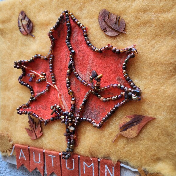 New handmade home decor felted and beaded leaf on a board ready to hang. 9x9inch - Picture 2 of 2